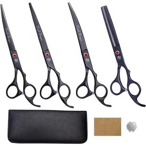 Purple Dragon Professional 7.0 inch 4PCS Pet Grooming Scissor Kit Japan Premium Steel Straight & Curved & Thinning Blade Dog Hair Cutting Shears Set with Case (Bright Black)