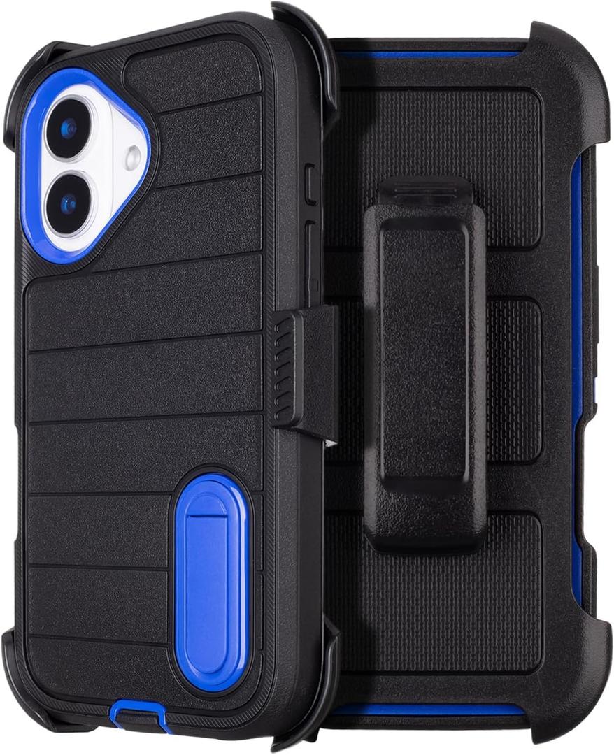 for Rugged iPhone 16 Case with Belt Clip Holster, Military Grade Heavy Duty Shockproof Cover for iPhone16 Case Protective with Stand 6.1 Inch (Black+Blue)