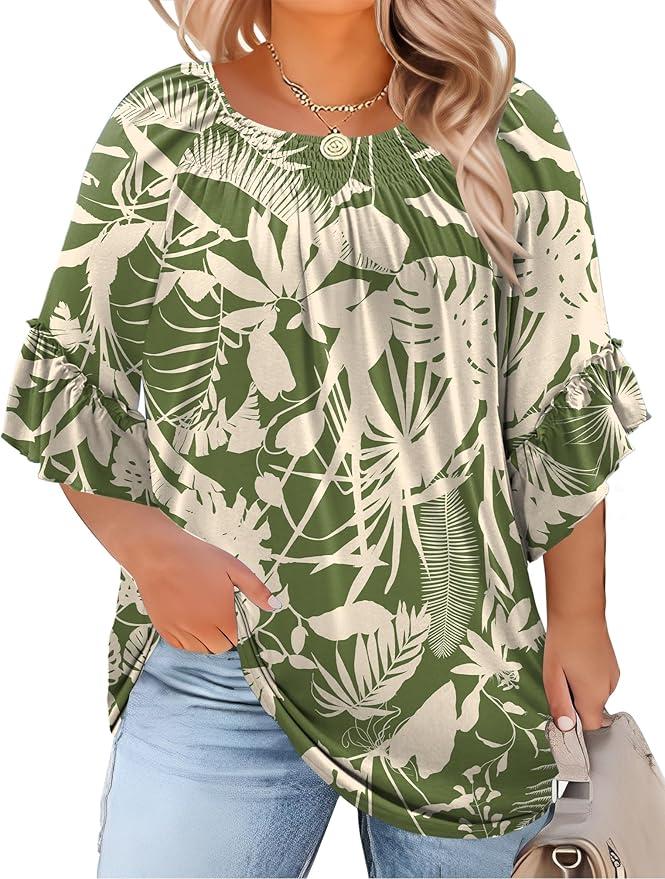 Micoson Womens Plus Size Tops 3/4 Ruffle Sleeve Shirts Crewneck Pleated Blouses Dressy Casual Fashion Tunic Top 3XL