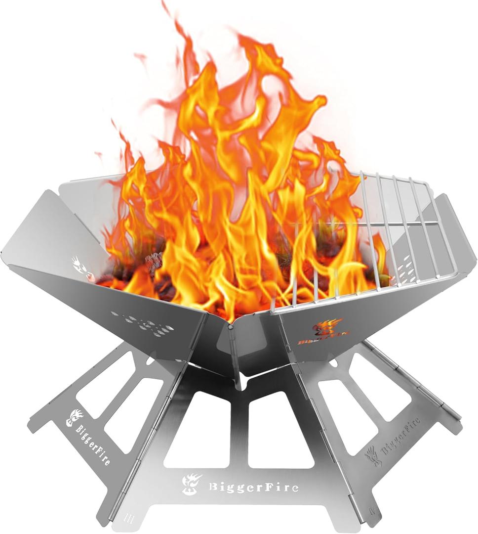 Foldable Portable Fire Pit,Stainless Steel Fire Pits with Charcoal Grill Net and Storage Bag,Camping Fire Pit Grill for Patio Outdoor Barbecue Campfire Bonfire
