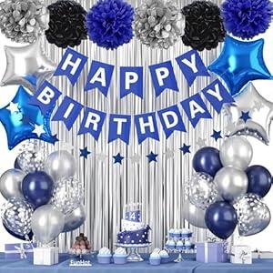 Navy Blue Silver Birthday Decorations for Men - Confetti Balloons, Happy Birthday Banner, Silver Fringe Curtain, Tissue Paper Pompoms, Star Garland
