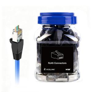 VCE Cat6 Shielded RJ45 Pass Through Connectors with RJ45 Strain Relief Boots (Black) 50-Pack, Cat 6a/6/5e End, Gold Plated 3 Prong Ethernet Modular Plug for Solid or Stranded STP/FTP Network Cable