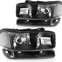 ECCPP Headlight Assembly Black Headlights+Bumper Light Lamp for GMC For Sierra 1500 2500 3500,1500 HD 2500 HD,1500 HD/2500 HD/3500 Classic,for GMC Yukon,for GMC Yukon XL 1500 2500 1999-2007 (Black Housing Clear Reflector Clear Lens)