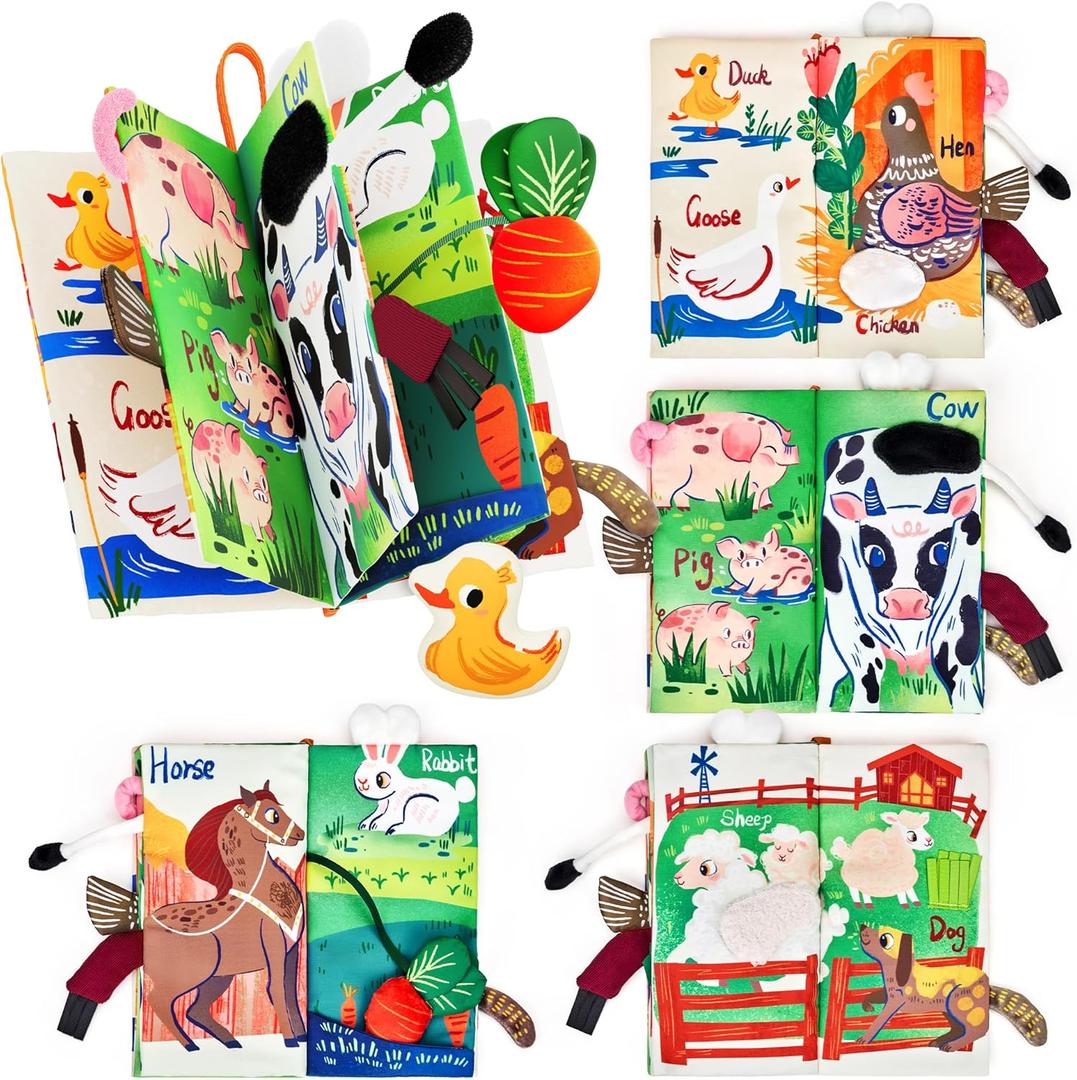 JoyCat Baby Books 0-6-12 Months - Farm Tail Tummy Time Toys - Sensory Touch & Feel Crinkle Cloth Book with Detachable Duck - Newborn Easter Basket Stuffers