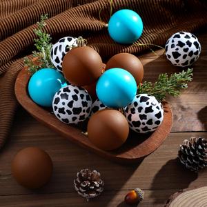 Soulchen 12 Pcs Cow Print Christmas Ornament 2.4 Inch Western Tree Ornaments Cowboy Plastic Hanging Balls Country Western Party Decorations for Rustic Holiday Christmas Tree Decorations