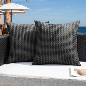 Kevin Textile Outdoor Waterproof Throw Pillow Covers Pack of 2 Farmhouse Decorative Cushion Covers for Garden Patio Tent Balcony Bench Couch Sofa 20x20 Inch, Black