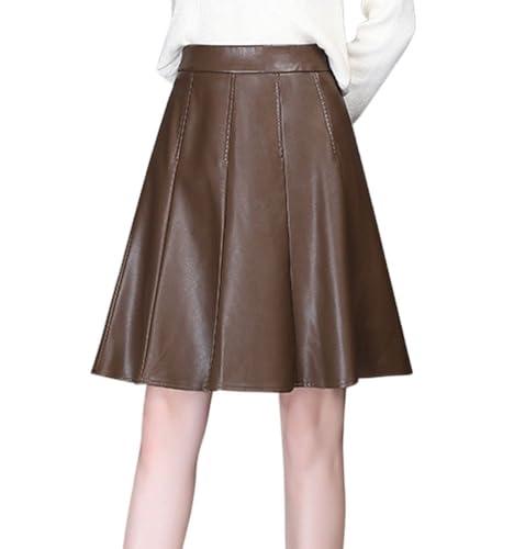 Chouyatou Women's High Waisted Faux Leather Pleated Skirt A Line Knee Length Business Casual Midi Skirt (Medium, Coffee)