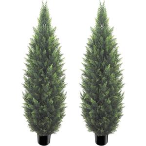 5FT Artificial Cedar Topiary Tree Lifelike Faux Cedar Pines Christmas Trees UV Rated Faux Shrubs Everygreen Plants for Front Porch Outdoor Decor Set of 2
