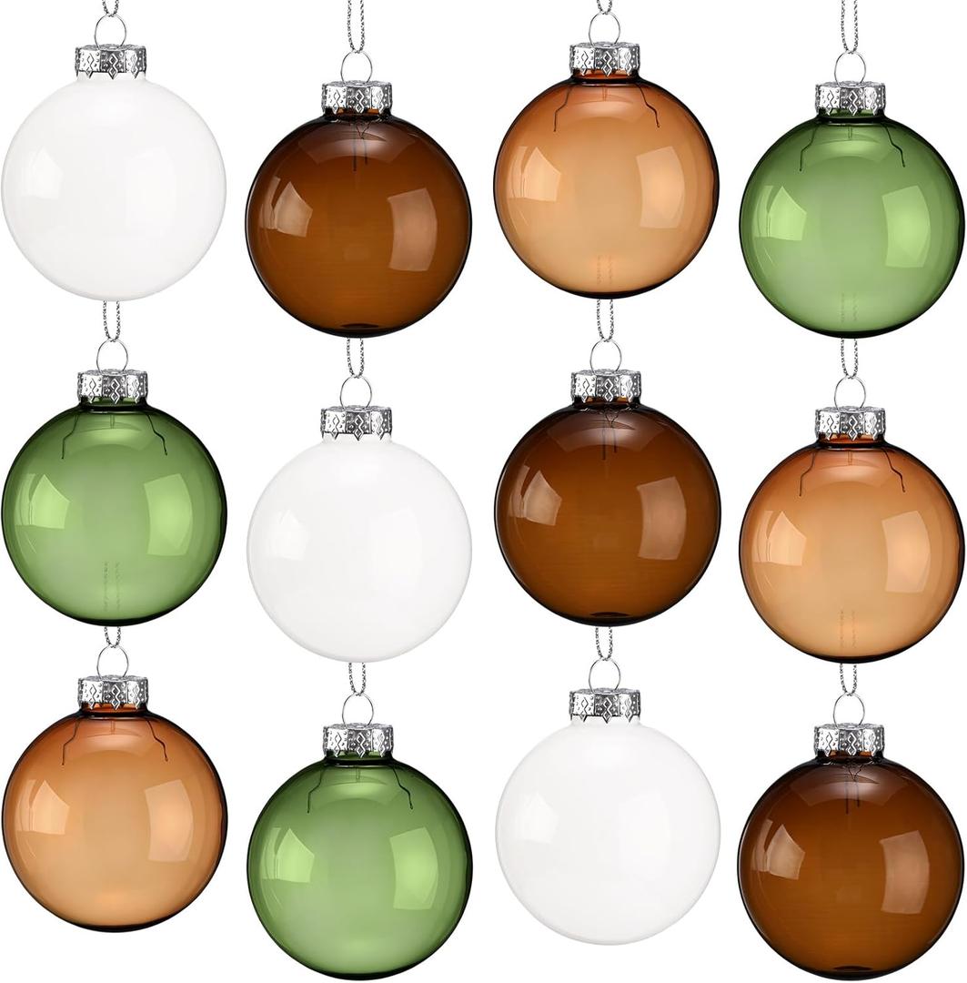 12 Pcs 2.36 Inch Glass Christmas Ball Ornaments Glass Christmas Tree Decorations Hanging Xmas Decorations for Xmas Trees Holiday Party Wedding Party, 4 Colors, Green, White, Khaki, Brown