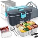 COZYEXPERT Electric-Lunch-Box-Heated-Food-Warmer 100W Heating Lunchbox for Adults 1.8L Portable Food Heater for Work/Car, 12V/24V/110-230V Lonchera Elctrica Porttil with Fork Spoon (Gray+Blue)