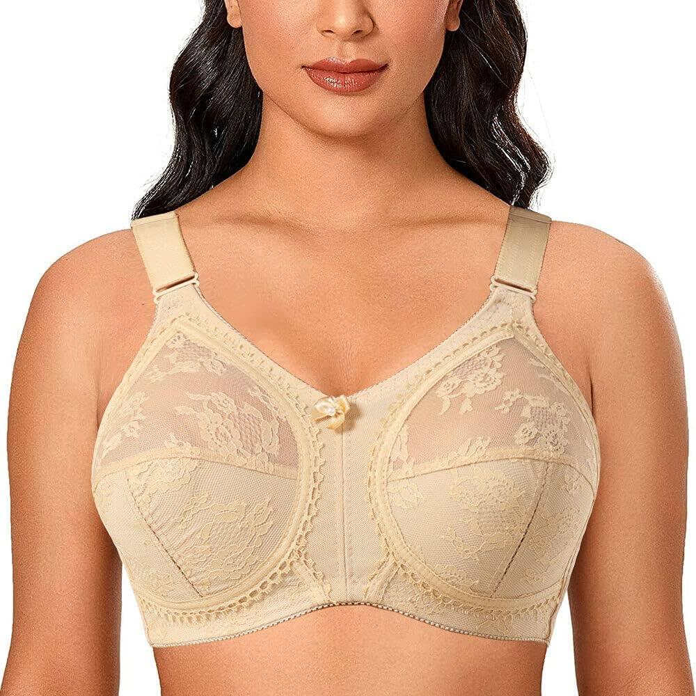 TELIMUSSTO Women's Floral Lace Bra Plus Size Firm Hold Non Wired Non Padded Full Coverage Minimizer (40H, Beige) TELIMUSSTO Women's Floral Lace Bra Plus Size Firm Hold Non Wired Non Padded Full Coverage Minimizer (40H, Beige)