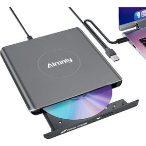 Alloy External CD/DVD Drive for Laptop, USB 3.0 Type-C Portable CD Burner Reader Writer Compatible with Windows, Apple Mac, Linux Desktop - with USB-A & USB-C Cable (F03)