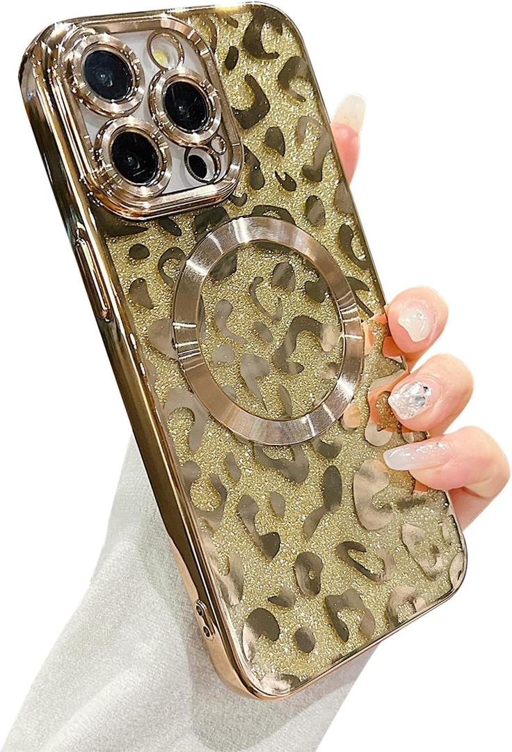 for iPhone 13 Pro Max Case Magnetic,Soft Cute Luxury Leopard Cheetah Pattern Plating Glitter Bling Phone Case Compatible with MagSafe Clear Shockproof Back Cover for Women Girl 6.7"-Gold