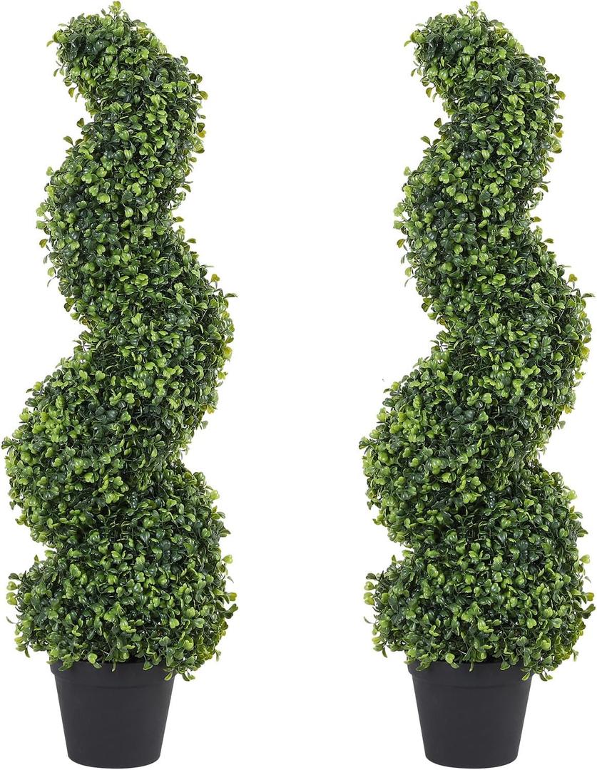 THE BLOOM TIMES 3ft Tall Spiral Topiary Trees Artificial Outdoor Set of 2, 36 Inch UV Resistant Large Faux Evergreen Fake Boxwood Plants for Front Porch Outside Planter Entryway Entrance Decor 3 Foot