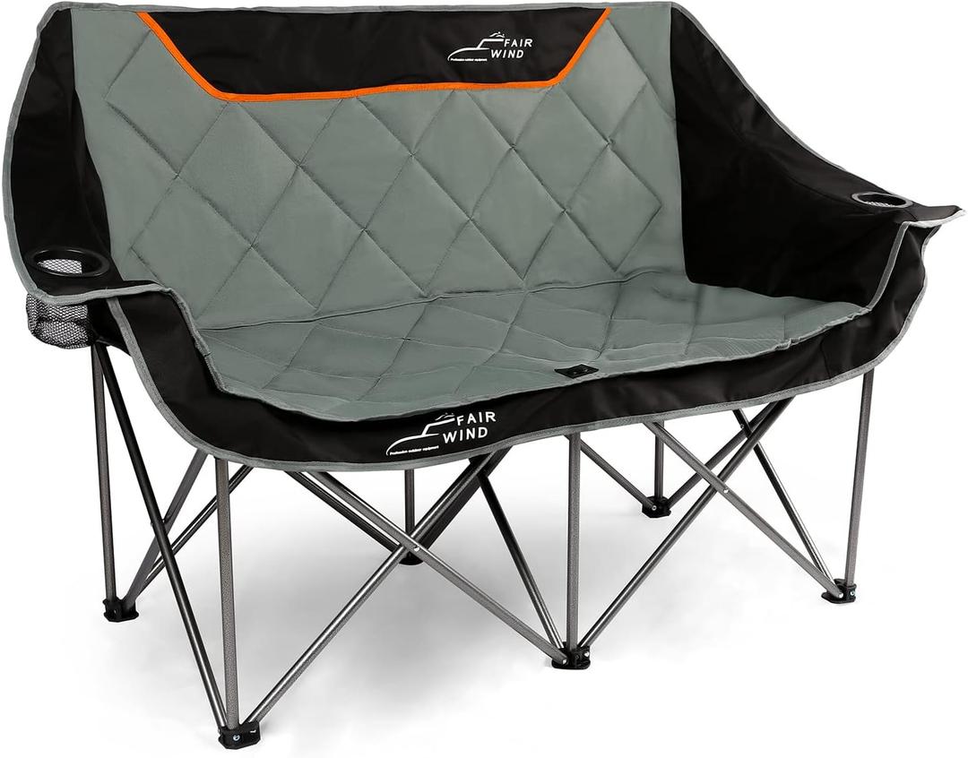 FAIR WIND Oversized Fully Padded Camping Chair Folding Loveseat Camping Couch Double Duo Chair Heavy Duty Quad Fold Arm Chair with Cup Hold - Supports 650 LBS - Black