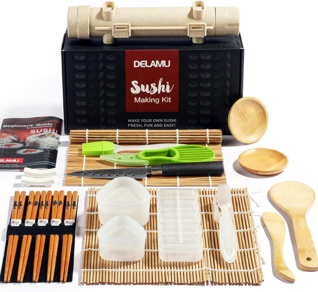 Sushi Making Kit, Delamu Upgrade 22 in 1 Sushi Maker Kit with Bamboo Mats, Chef's Knife, Triangle/Nigiri/Gunkan Sushi Mold, Chopsticks, Guide&More (11.26 x 6.14 x 3.98 inches)