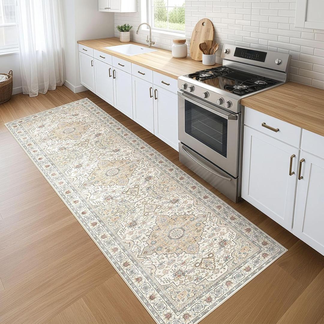 Runner Rug Kitchen Washable Rugs: 3x10 Non-Slip Boho Soft Vintage Stain Resistant Indoor Floor Neutral Farmhouse Throw Carpet for Hallway Bathroom Laundry Room Entryway Bedroom - Cream