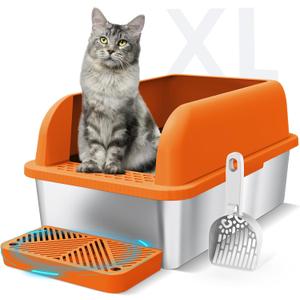 Enclosed Stainless Steel Litter Box with Lid Extra Large Litter Cat Box for Big Cats XL Metal Litter Pan Tray with High Sides Enclosure, Anti-Leakage, Easy Cleaning (Orange) (6"Deep Orange (1 Pack))