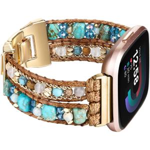 Bracelet Bands Compatible with Fitbit Versa 4/3/Sense 2/Sense Band for Women, Leather Beaded Watch Strap Natural Stone Wrap Boho Watch Band for Fitbit Versa 4 Band Replacement (Blue Beads)