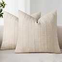 Woaboy Linen Check Throw Pillow Covers Set of 2 - Natural Beige Farmhouse Modern Boho Vintage Decorative Cushion Covers for Sofa Couch Bedroom Living Room Decor 22x22 Inch