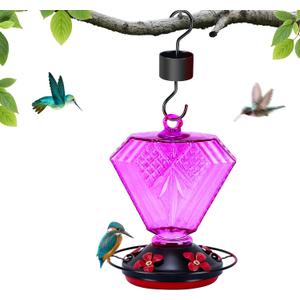 Glass Hummingbird Feeder for Outdoors Hanging, 20 OZ Humming Birds Feeders with 5 Bee Guard Feeding Ports and Built-in Ant Moat, Bird Feeder for Outside Diamond Shape, Purple