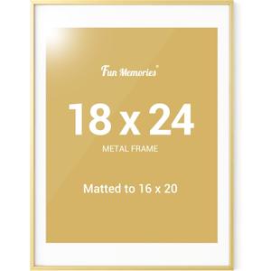 Fun Memories 18x24 Aluminum Poster Frame, 18x24 Gold Frame with Mat for 16x20 Photo with Plexiglass - Vertical and Horizontal Display - Wall Hook Hanging Hardware Included -Set of 1