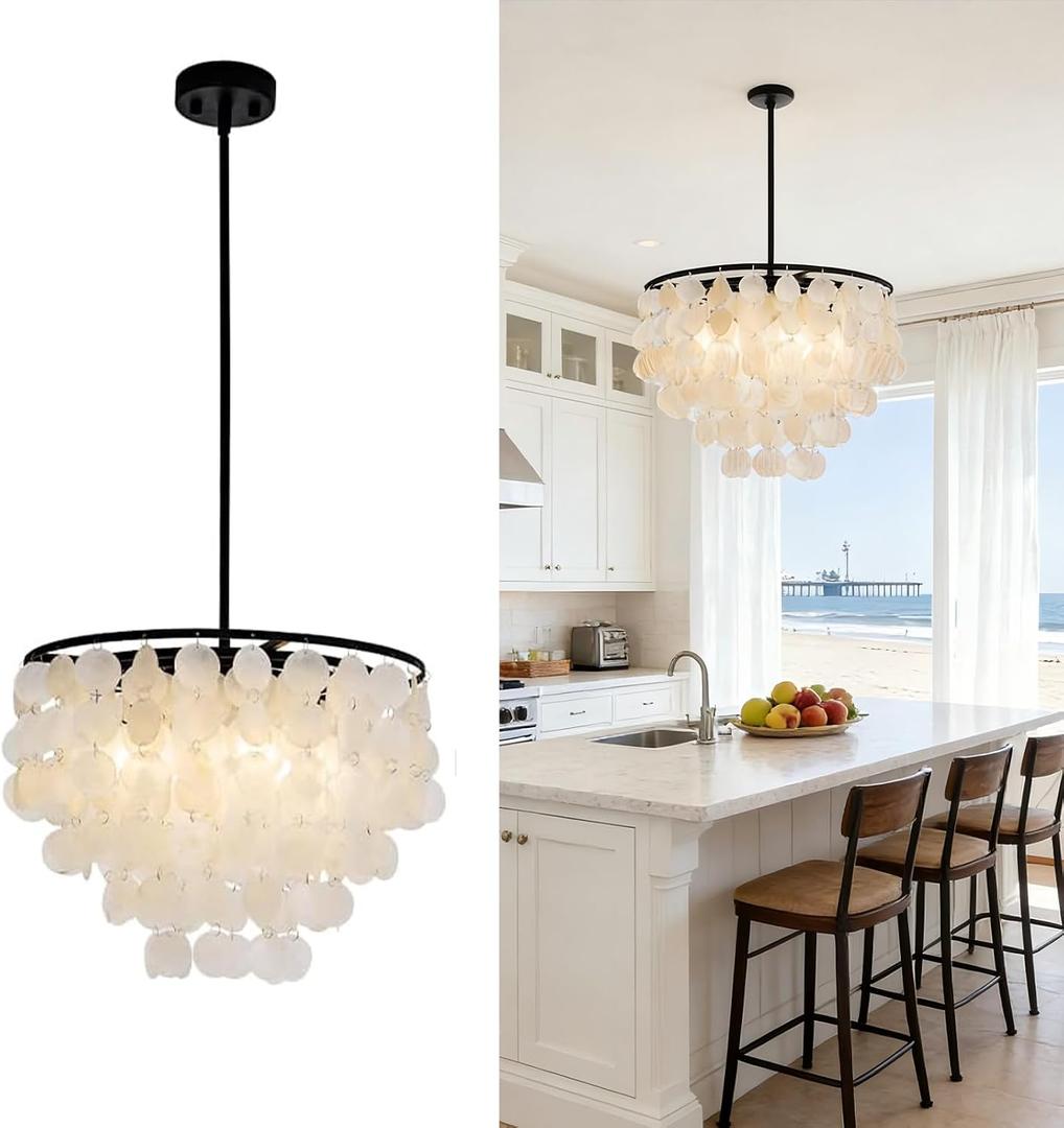 4-Lights Capiz Shell Chandelier - 17.7” Coastal Chandelier For Dinning Room, Beach House Modern Black Light Fixture With Natural Shells, Seashell Pendant Light For Living Room, Kitchen, Bedroom