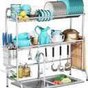 MOUKABAL Dish Drying Rack - Stainless Steel Over The Sink Dish Drying Rack (Expandable Length), 2 Tier Large Dish Rack with Utensil Holder, 32.3" - 33.9"(L) x 11.4"(W) x 32.3"(H) Silver