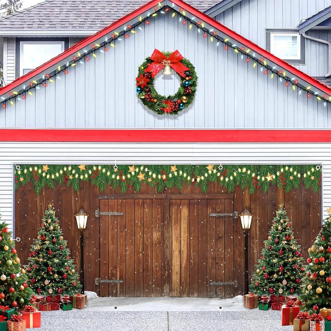 Christmas Garage Door Cover Decorations 7x16ft Winter Holiday Xmas Party Barn Rustic Wood Board Banner Backdrop Background Outdoor Indoor Large Wall Decor