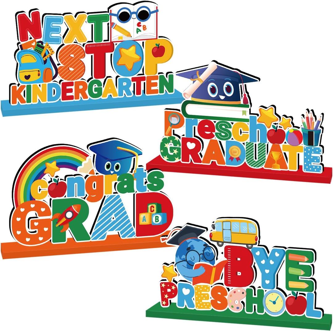 4Pcs Preschool Graduation Decorations 2026 Wooden Table Centerpiece Next Stop Kindergarten Goodbye Preschool Table Decor Pre-K Graduation Congrats Grad Table Toppers for Graduate Classroom Decor