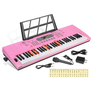 Keyboard Piano Lighted Keys for Beginner Adults Teens Kids, 61 Key Electronic Music Keyboard with Teaching Modes Powered by USB or Battery with LCD Display Microphone Headphone Jack Pink