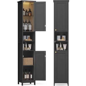 VASAGLE Tall Storage Cabinet with Lights, Slim Freestanding Cabinet with Adjustable Shelves, for Small Spaces, Bathroom, Living Room, Modern, 11.8 Inches Wide, Ink Black UBBK566BC01S, 11.8"D x 11.8"W x 66.9"H