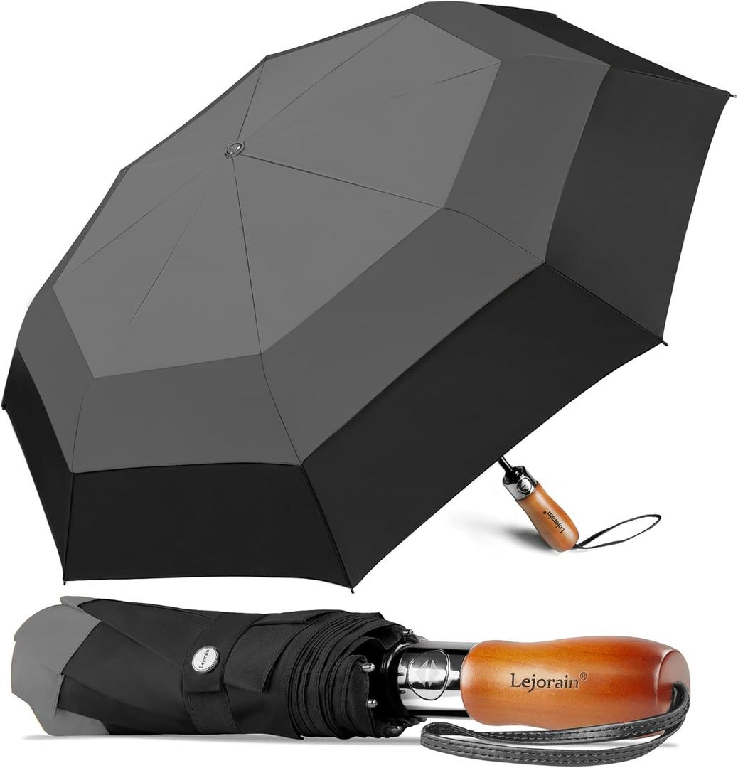 Lejorain Large Compact Golf Umbrella - Oversized Auto Open Close Folding Golf Umbrella Travel 210T Dupont Teflon Coated Vented Windproof Double Canopy for Women Men (03.Gray)
