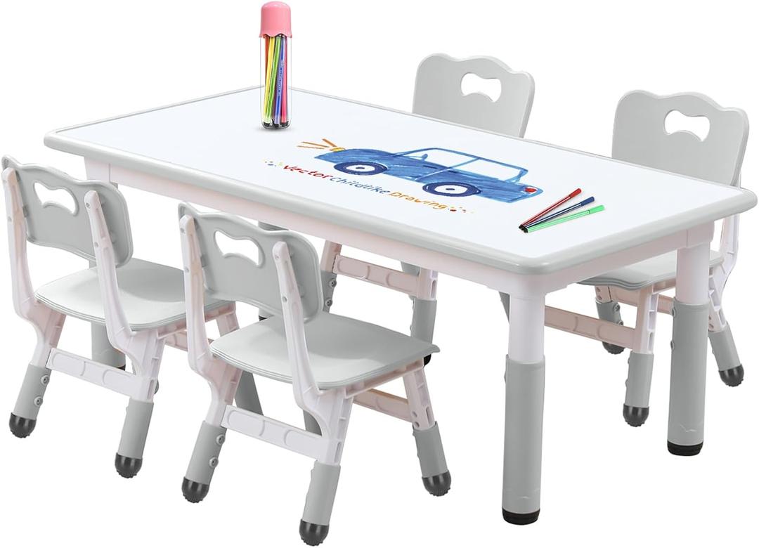 Kids Table and Chair Set for Toddlers - Adjustable Activity Center with Non-Slip Legs & Graffiti-Proof Surface Ages 3-12 (Cloudy Gray)
