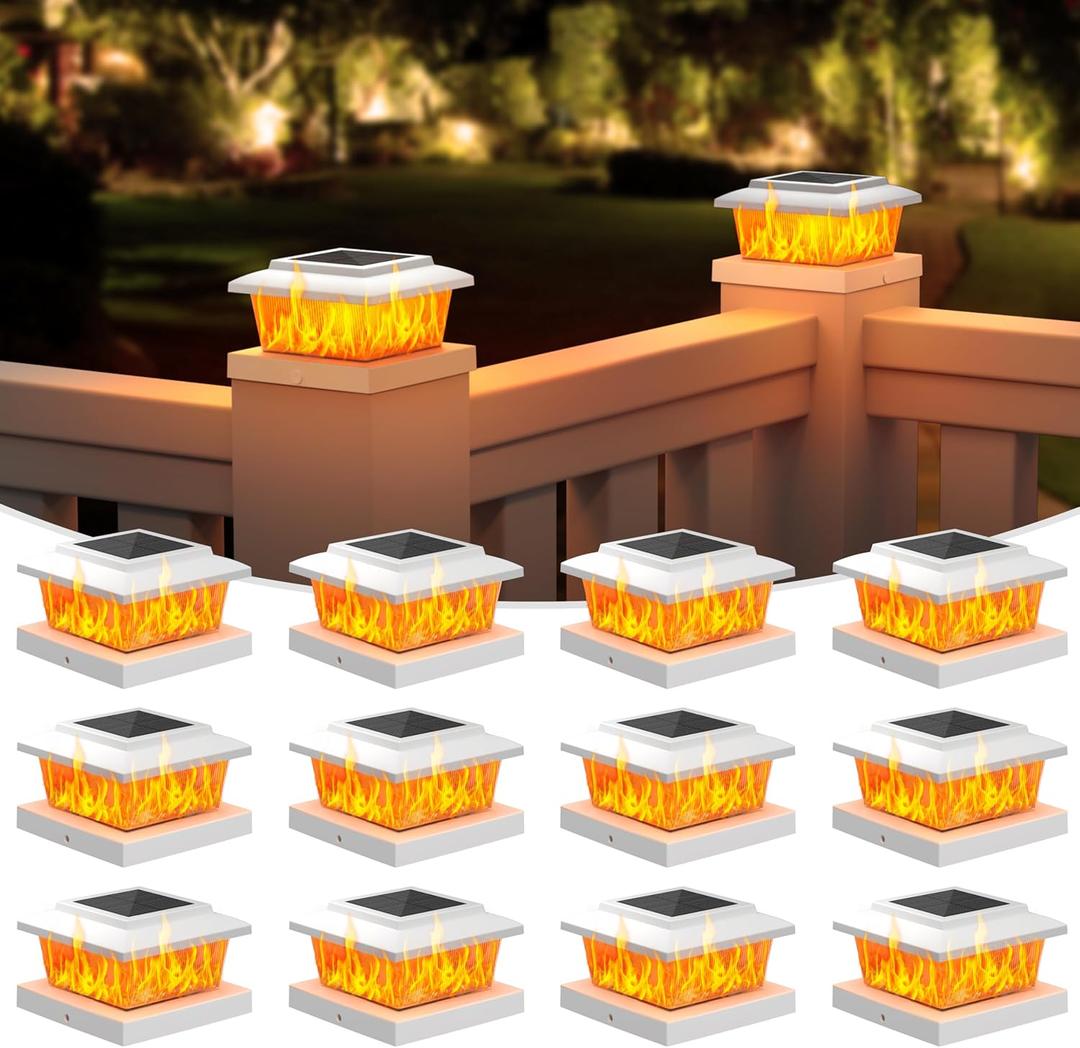 VOLISUN Solar Fence Post Lights 12pack, White Solar Deck Post Cap Flame Light Outdoor Waterproof, High Brightness Flickering Flame SMD LED Lighting, for 4x4 Wooden/4x4 5x5 Vinyl Post