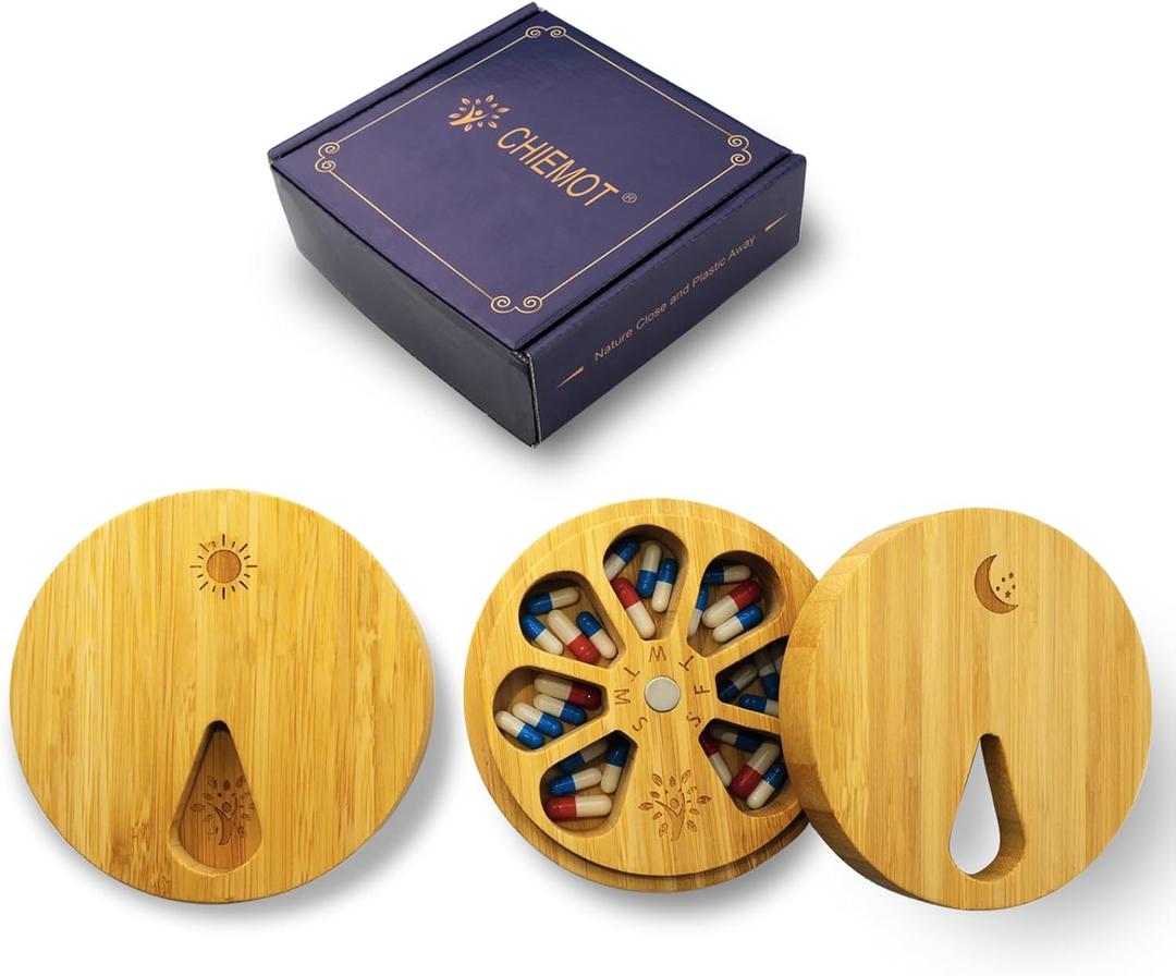 AM&PM Set of 2 Bamboo Wood Pill Organizer for Medicine Vitamin 2 Times a Day, Arthritis Friendly 7-Day Pill Box Medium Container Holder Weekly, Daily Portable Travel Pill Case
