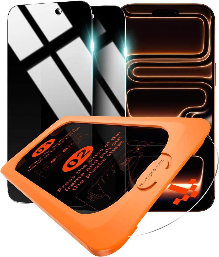 OMOTON Privacy Screen Protector for iPhone 17 Pro Max [Auto-Align Installation], Tempered Glass with 9H+ Hardness & 12FT Military Grade Shatterproof, 100% Anti-Spy, Full Coverage Protection, 2 Pack