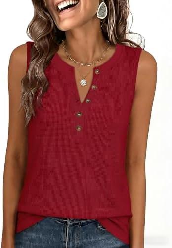 ANRABESS Womens Tank Top Waffle Knit Sleeveless Henley Shirts 2026 Summer Loose Button Up V Neck Dressy Casual Tops Clothes Medium, Red