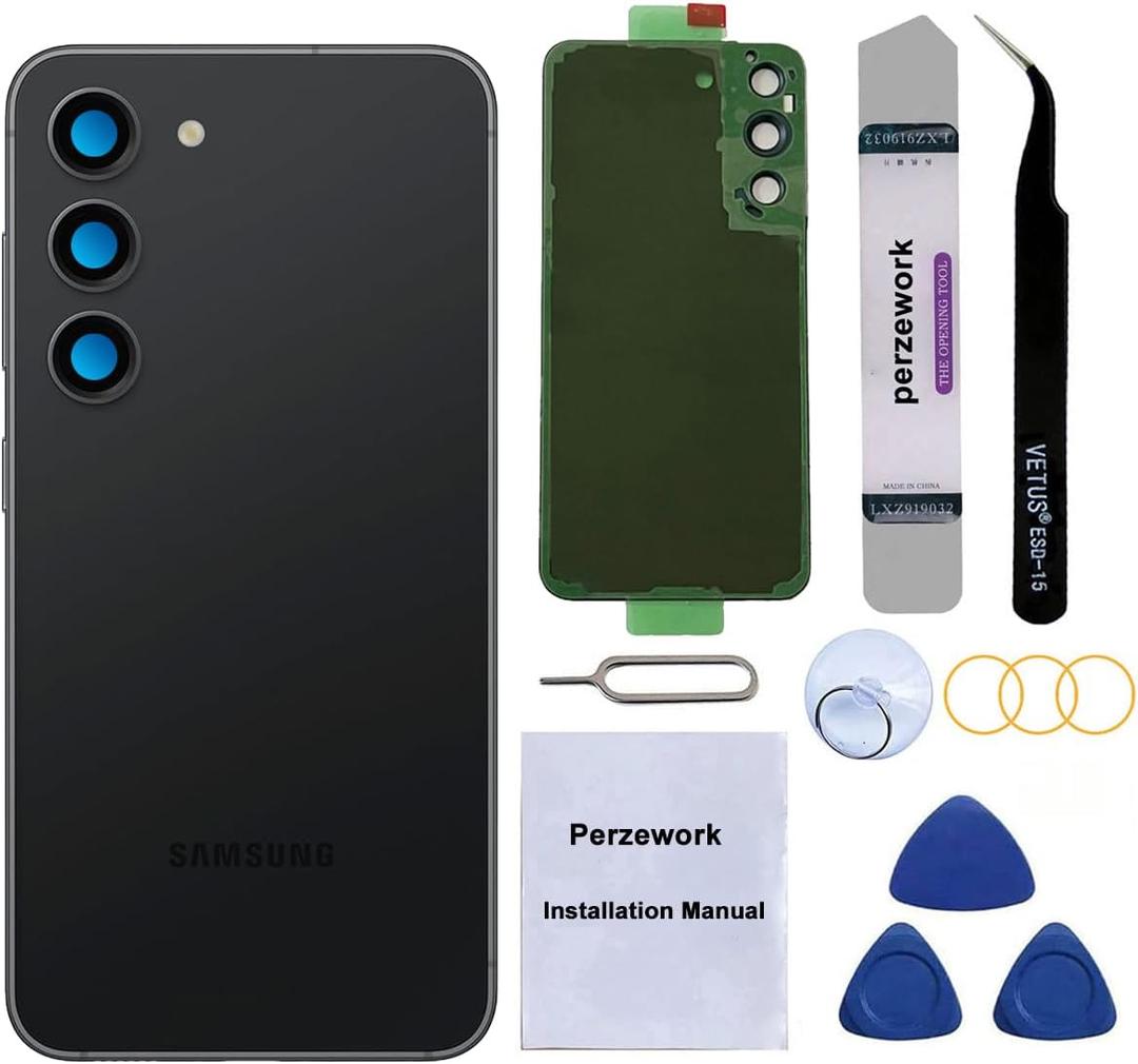 Rear Back Glass Replacement for Samsung Galaxy S23 with Reparing Toolkit and Manual (Phantom Black)