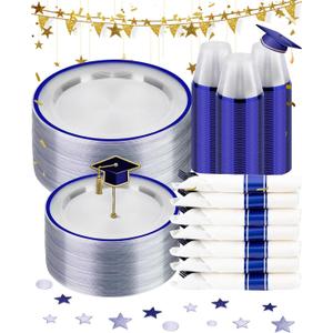BESTSTAR 350PCS Clear and Blue Disposable Plates Set for 50 Guests, 100 Plastic Plates, 50 Cups, 50 Pre-Rolled Napkins with Plastic Cutlery for Graduation Party, Birthday, Thanksgiving, Christmas