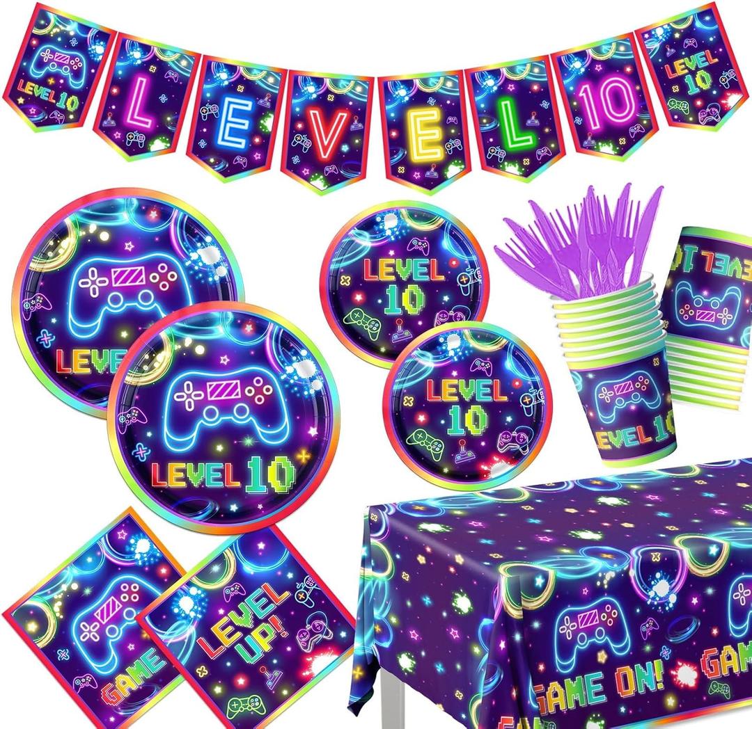 142Pcs Video Game 10th Birthday Party Decorations Neon Level 10 Birthday Decorations Plates Napkins Cups Banner Tablecloth for Boys 10th Party Supplies