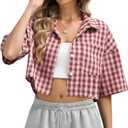 Womens Cropped Plaid Shirt Button Down Short Sleeve Top Blouse | Vintage Plaid Shirts, Preppy Clothes, Casual, Checkered, Plaid Crop Top Button Up Shirts, Gingham, Streetwear, Hiphop, Y2K (Red), Medium