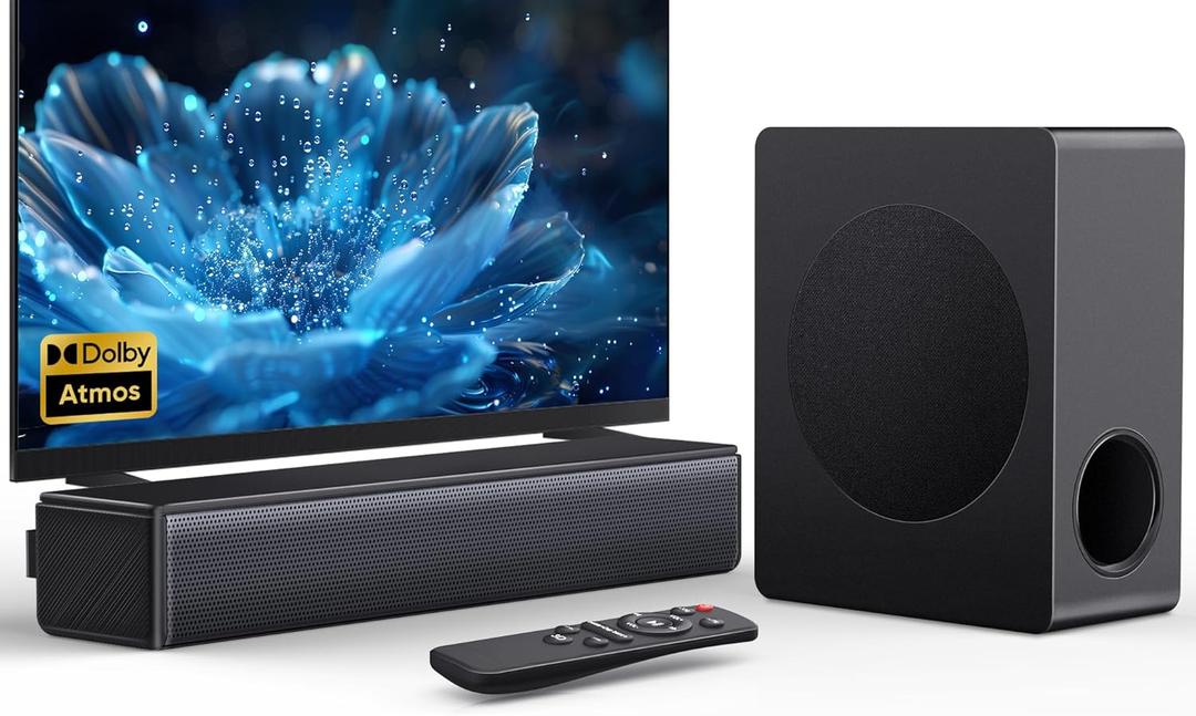 GEOYEAO Sound bar with subwoofer, 200W 2.1 ch soundbar w/Dolby Atmos Surround Sound System, 3D Bass Adjustable Home Theater Bluetooth TV Speaker for Smart TV/Projector/PC