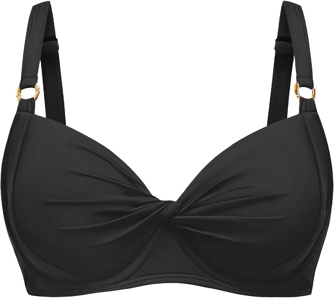 Women's Underwire Bikini Top - Push Up Swimsuit Top Only Twist Front Bathing Suit 2025 Retro Swim Bra (Large, Black)