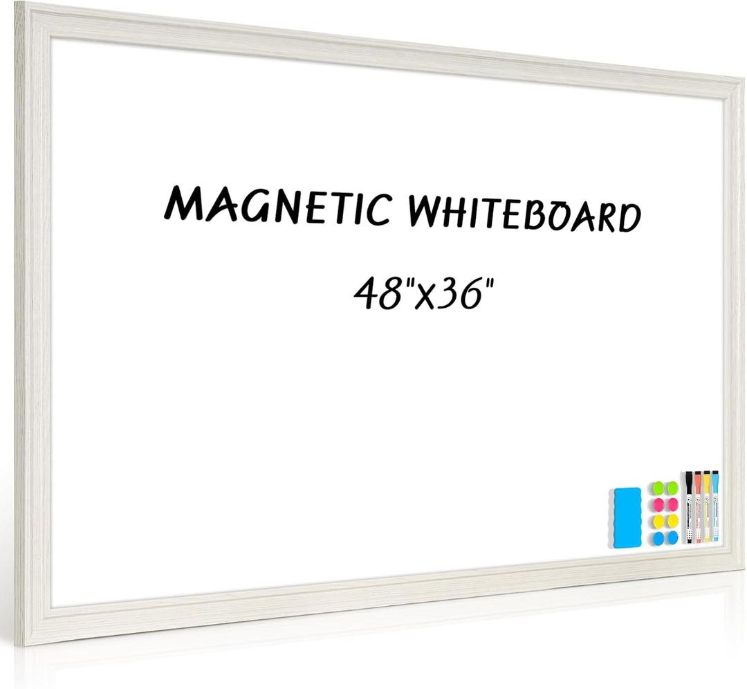 Large White Board for Wall, 46.5''x34.7'' Magnetic Dry Erase Board, 4'x3' Decorative Whiteboard with White Vintage Wooden Frame, Hanging Writing Board for Home Office School Classroom