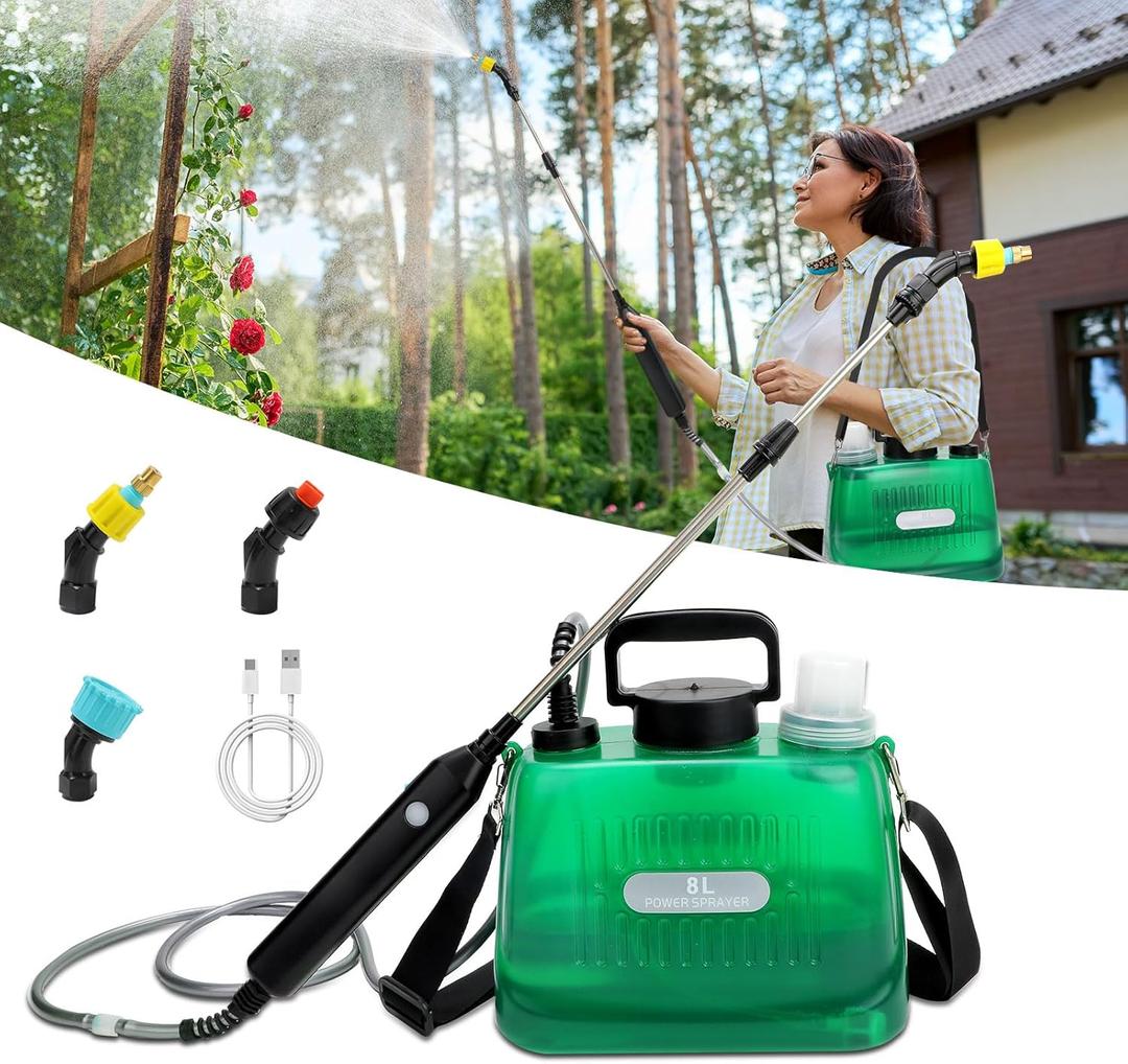 Battery Powered Garden Sprayer 2 Gallon, Upgrade Powerful Electric Sprayers with 3 Mist Nozzles, Retractable Wand, Garden Sprayers with Adjustable Shoulder Strap for Lawn, Cleaning