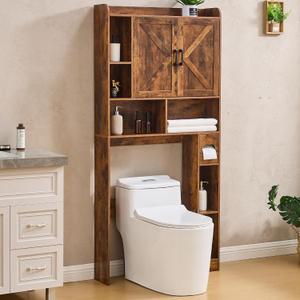 Over The Toilet Storage Cabinet, Farmhouse Storage Cabinet 32 Inches Width Over Toilet with 2 Barn Door and Toilet Paper Holder Stand, White Toilet Rack for Bathroom, Laundry, Restroom (Brown)