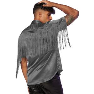WDIRARA Men's Button Front Short Sleeve Fringe Trim Party Shirt Collar Club Tops (Gray, XL)