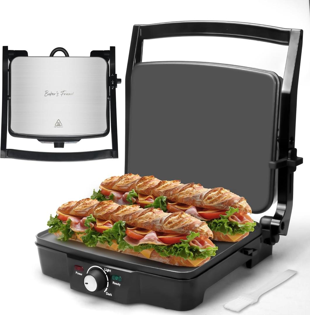 Baker's Friend Panini Press Electric Griddle, Panini Grill Press Sandwich Maker Press, Grilled Cheese Maker, Sandwich Electrical, Browning Control, Non Stick Surfaces, 4-Slices, Stainless Steel