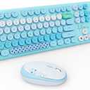 Wireless Keyboard Mouse Combo,MOFII 104 Round Keys Lovely Full-Size Cute Colorful Computer Typewriter Keyboard and Mouse with Retro Keys for PC/Mac/Laptop/Tablet/Computer/Windows Coffee (Blue)